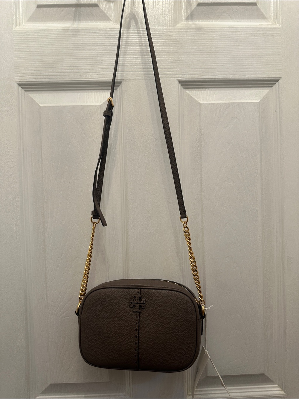 Tory Burch Dark Brown Pebbled Leather Crossbody with Gold Chain
